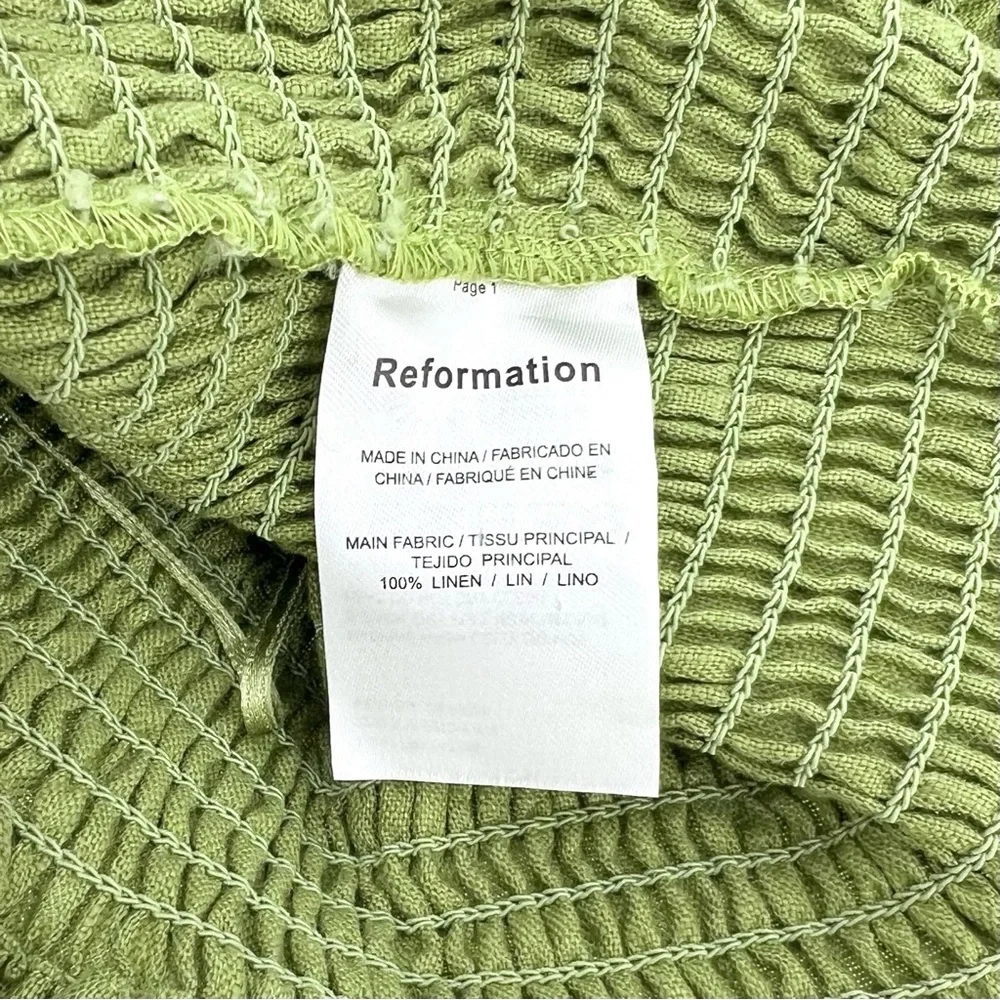 Reformation Vera Linen 2 Piece Set - Green Smocked Top & Matching Cropped Pants